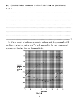 (iii) Explain why there is a difference in the dry mass of sets P and Q between days 
Y and Z. 
.......................................................................................................................................................................................... 
.......................................................................................................................................................................................... 
.......................................................................................................................................................................................... 
.......................................................................................................................................................................................... 
.......................................................................................................................................................................................... 
................................................................................................................................................. ......................................... 
.......................................................................................................................................................................................... 
..................................................................................................................................................................................... [4] 
2. A large number of seeds were germinated on damp sand. Random samples of 10 
seedlings were taken every two days. The fresh mass and the dry mass of each sample 
were measured and are shown in the graph, Fig. 2.1. 
Fig. 2.1. 
28 
 