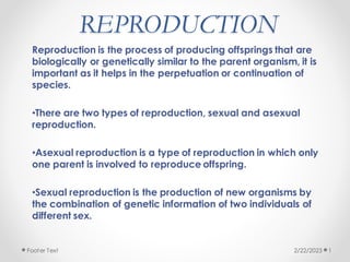 REPRODUCTION
Reproduction is the process of producing offsprings that are
biologically or genetically similar to the parent organism, it is
important as it helps in the perpetuation or continuation of
species.
•There are two types of reproduction, sexual and asexual
reproduction.
•Asexual reproduction is a type of reproduction in which only
one parent is involved to reproduce offspring.
•Sexual reproduction is the production of new organisms by
the combination of genetic information of two individuals of
different sex.
2/22/2023 1
Footer Text
 