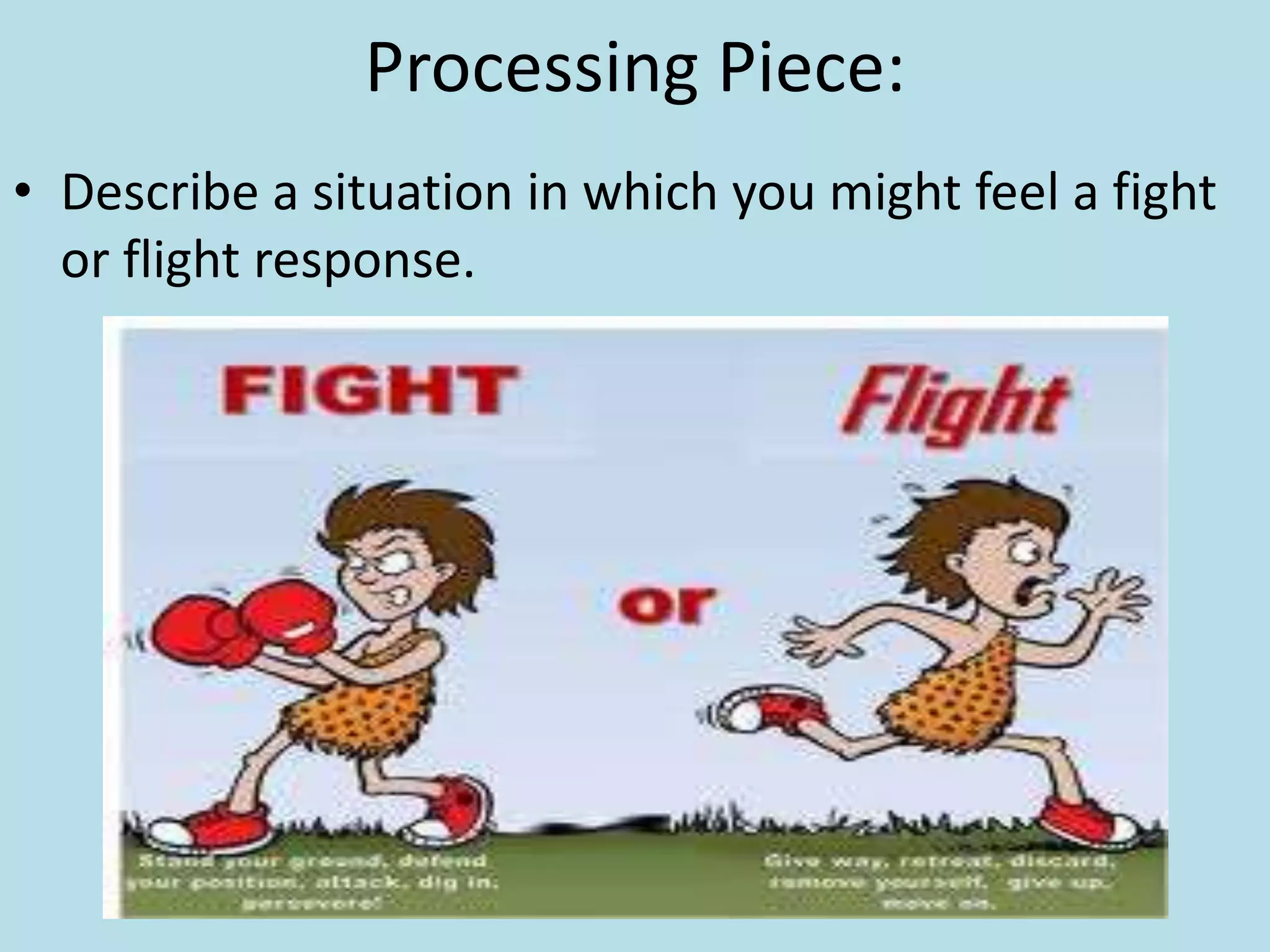 Processing Piece:
• Describe a situation in which you might feel a fight
or flight response.
 