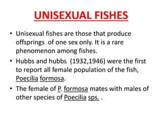 UNISEXUAL FISHES
• Unisexual fishes are those that produce
offsprings of one sex only. It is a rare
phenomenon among fishes.
• Hubbs and hubbs (1932,1946) were the first
to report all female population of the fish,
Poecilia formosa.
• The female of P. formosa mates with males of
other species of Poecilia sps. .
 