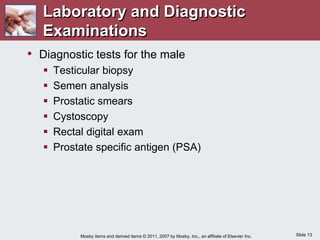 Slide 13
Mosby items and derived items © 2011, 2007 by Mosby, Inc., an affiliate of Elsevier Inc.
Laboratory and Diagnostic
Examinations
• Diagnostic tests for the male
 Testicular biopsy
 Semen analysis
 Prostatic smears
 Cystoscopy
 Rectal digital exam
 Prostate specific antigen (PSA)
 