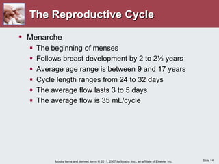 Slide 14
Mosby items and derived items © 2011, 2007 by Mosby, Inc., an affiliate of Elsevier Inc.
The Reproductive Cycle
• Menarche
 The beginning of menses
 Follows breast development by 2 to 2½ years
 Average age range is between 9 and 17 years
 Cycle length ranges from 24 to 32 days
 The average flow lasts 3 to 5 days
 The average flow is 35 mL/cycle
 