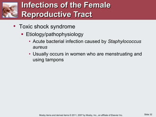 Slide 32
Mosby items and derived items © 2011, 2007 by Mosby, Inc., an affiliate of Elsevier Inc.
• Toxic shock syndrome
 Etiology/pathophysiology
• Acute bacterial infection caused by Staphylococcus
aureus
• Usually occurs in women who are menstruating and
using tampons
Infections of the Female
Reproductive Tract
 