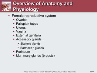 Slide 5
Mosby items and derived items © 2011, 2007 by Mosby, Inc., an affiliate of Elsevier Inc.
Overview of Anatomy and
Physiology
• Female reproductive system
 Ovaries
 Fallopian tubes
 Uterus
 Vagina
 External genitalia
 Accessory glands
• Skene’s glands
• Bartholin’s glands
 Perineum
 Mammary glands (breasts)
 