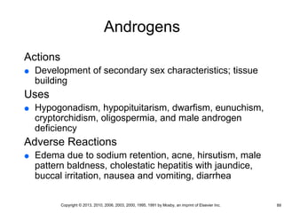Androgens
Actions
 Development of secondary sex characteristics; tissue
building
Uses
 Hypogonadism, hypopituitarism, dwarfism, eunuchism,
cryptorchidism, oligospermia, and male androgen
deficiency
Adverse Reactions
 Edema due to sodium retention, acne, hirsutism, male
pattern baldness, cholestatic hepatitis with jaundice,
buccal irritation, nausea and vomiting, diarrhea
89
Copyright © 2013, 2010, 2006, 2003, 2000, 1995, 1991 by Mosby, an imprint of Elsevier Inc.
 