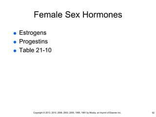 Female Sex Hormones
 Estrogens
 Progestins
 Table 21-10
92
Copyright © 2013, 2010, 2006, 2003, 2000, 1995, 1991 by Mosby, an imprint of Elsevier Inc.
 