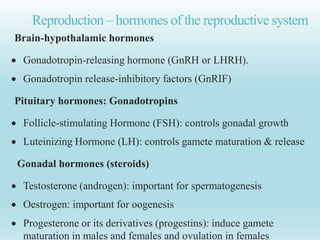 Reproduction – hormones of the reproductive system
Brain-hypothalamic hormones
 Gonadotropin-releasing hormone (GnRH or LHRH).
 Gonadotropin release-inhibitory factors (GnRIF)
Pituitary hormones: Gonadotropins
 Follicle-stimulating Hormone (FSH): controls gonadal growth
 Luteinizing Hormone (LH): controls gamete maturation & release
Gonadal hormones (steroids)
 Testosterone (androgen): important for spermatogenesis
 Oestrogen: important for oogenesis
 Progesterone or its derivatives (progestins): induce gamete
maturation in males and females and ovulation in females
 