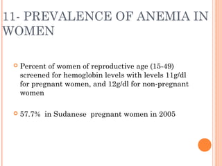 11- PREVALENCE OF ANEMIA IN
WOMEN
 Percent of women of reproductive age (15-49)
screened for hemoglobin levels with level...