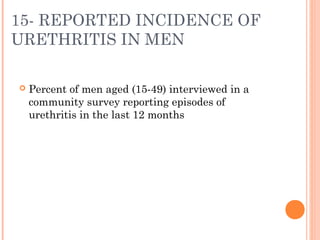 15- REPORTED INCIDENCE OF
URETHRITIS IN MEN
 Percent of men aged (15-49) interviewed in a
community survey reporting epis...