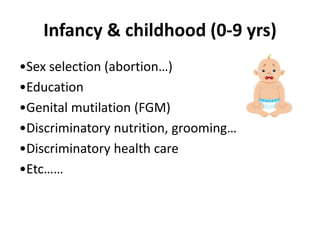Infancy & childhood (0-9 yrs)
•Sex selection (abortion…)
•Education
•Genital mutilation (FGM)
•Discriminatory nutrition, grooming…
•Discriminatory health care
•Etc……
 