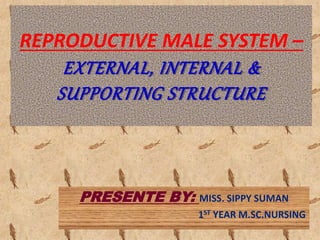 REPRODUCTIVE MALE SYSTEM –
EXTERNAL, INTERNAL &
SUPPORTING STRUCTURE
PRESENTE BY: MISS. SIPPY SUMAN
1ST YEAR M.SC.NURSING
 
