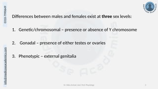 info@medicoseacademics.com
0310-7990649
Dr. Sidra Arshad, Asst. Prof. Physiology 3
Differences between males and females exist at three sex levels:
1. Genetic/chromosomal – presence or absence of Y chromosome
2. Gonadal – presence of either testes or ovaries
3. Phenotypic – external genitalia
 