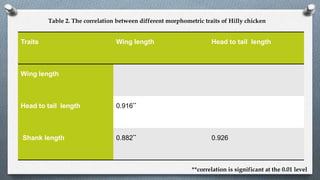 Traits Wing length Head to tail length
Wing length
Head to tail length 0.916**
Shank length 0.882** 0.926
**correlation is significant at the 0.01 level
Table 2. The correlation between different morphometric traits of Hilly chicken
 