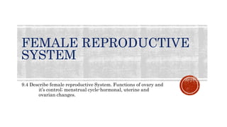 FEMALE REPRODUCTIVE
SYSTEM
9.4 Describe female reproductive System. Functions of ovary and
it’s control; menstrual cycle-hormonal, uterine and
ovarian changes.
 