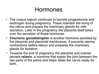 Hormones
• The corpus luteum continues to secrete progesterone and
  oestrogen during pregnancy. These maintain the lining of
  the uterus and prepare the mammary glands for milk
  secretion. Later in the pregnancy the placenta itself takes
  over the secretion of these hormones.
• Chorionic gonadotrophin is another hormone secreted by
  the placenta and placental membranes. It prevents uterine
  contractions before labour and prepares the mammary
  glands for lactation.
• Towards the end of pregnancy the placenta and ovaries
  secrete relaxin, a hormone that eases the joint between the
  two parts of the pelvis and helps dilate the cervix ready for
  birth.
 