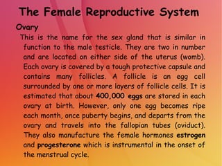 The Female Reproductive System
Ovary
This is the name for the sex gland that is similar in
function to the male testicle. They are two in number
and are located on either side of the uterus (womb).
Each ovary is covered by a tough protective capsule and
contains many follicles. A follicle is an egg cell
surrounded by one or more layers of follicle cells. It is
estimated that about 400,000 eggs are stored in each
ovary at birth. However, only one egg becomes ripe
each month, once puberty begins, and departs from the
ovary and travels into the fallopian tubes (oviduct).
They also manufacture the female hormones estrogen
and progesterone which is instrumental in the onset of
the menstrual cycle.
 