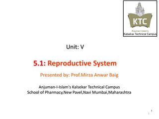 Unit: V
5.1: Reproductive System
Presented by: Prof.Mirza Anwar Baig
Anjuman-I-Islam's Kalsekar Technical Campus
School of Pharmacy,New Pavel,Navi Mumbai,Maharashtra
1
1
 