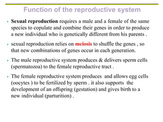 Function of the reproductive system
 Sexual reproduction requires a male and a female of the same
species to copulate and combine their genes in order to produce
a new individual who is genetically different from his parents .
 sexual reproduction relies on meiosis to shuffle the genes , so
that new combinations of genes occur in each generation.
 The male reproductive system produces & delivers sperm cells
(spermatozoa) to the female reproductive tract .
 The female reproductive system produces and allows egg cells
(oocytes ) to be fertilized by sperm . it also supports the
development of an offspring (gestation) and gives birth to a
new individual (parturition) .
 