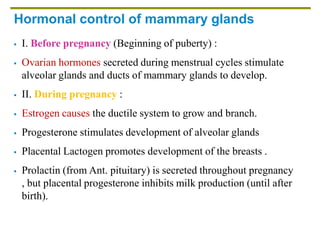 Hormonal control of mammary glands
 I. Before pregnancy (Beginning of puberty) :
 Ovarian hormones secreted during menstrual cycles stimulate
alveolar glands and ducts of mammary glands to develop.
 II. During pregnancy :
 Estrogen causes the ductile system to grow and branch.
 Progesterone stimulates development of alveolar glands
 Placental Lactogen promotes development of the breasts .
 Prolactin (from Ant. pituitary) is secreted throughout pregnancy
, but placental progesterone inhibits milk production (until after
birth).
 