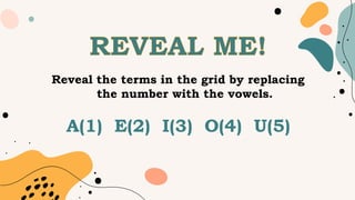 Reveal the terms in the grid by replacing
the number with the vowels.
A(1) E(2) I(3) O(4) U(5)
 
