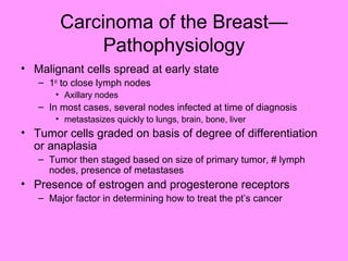Carcinoma of the Breast—
Pathophysiology
• Malignant cells spread at early state
– 1st
to close lymph nodes
• Axillary nodes
– In most cases, several nodes infected at time of diagnosis
• metastasizes quickly to lungs, brain, bone, liver
• Tumor cells graded on basis of degree of differentiation
or anaplasia
– Tumor then staged based on size of primary tumor, # lymph
nodes, presence of metastases
• Presence of estrogen and progesterone receptors
– Major factor in determining how to treat the pt’s cancer
 