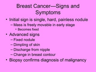 Breast Cancer—Signs and
Symptoms
• Initial sign is single, hard, painless nodule
– Mass is freely movable in early stage
• Becomes fixed
• Advanced signs
– Fixed nodule
– Dimpling of skin
– Discharge from nipple
– Change in breast contour
• Biopsy confirms diagnosis of malignancy
 