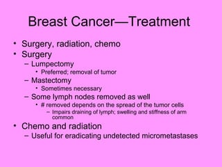 Breast Cancer—Treatment
• Surgery, radiation, chemo
• Surgery
– Lumpectomy
• Preferred; removal of tumor
– Mastectomy
• Sometimes necessary
– Some lymph nodes removed as well
• # removed depends on the spread of the tumor cells
– Impairs draining of lymph; swelling and stiffness of arm
common
• Chemo and radiation
– Useful for eradicating undetected micrometastases
 
