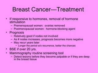Breast Cancer—Treatment
• If responsive to hormones, removal of hormone
stimulation
– Premenopausal women: ovaries removed
– Postmenopausal women: hormone-blocking agent
• Prognosis
– Relatively good if nodes not involved
– As # nodes increases, prognosis becomes more negative
– May recur years later
• Longer the period w/o recurrence, better the chances
• BSE if over 20 yrs.
• Mammography routine screening tool
– Detect lesions before they become palpable or if they are deep
in the breast tissue
 
