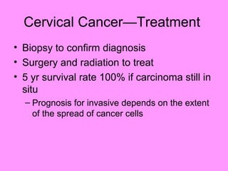 Cervical Cancer—Treatment
• Biopsy to confirm diagnosis
• Surgery and radiation to treat
• 5 yr survival rate 100% if carcinoma still in
situ
– Prognosis for invasive depends on the extent
of the spread of cancer cells
 