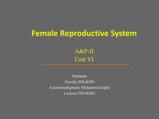 Female Reproductive System
A&P-II
Unit VI
Shabnam
Faculty INS-KMU
Acknowledegment: Muhammad Iqbal
Lecturer INS-KMU
 