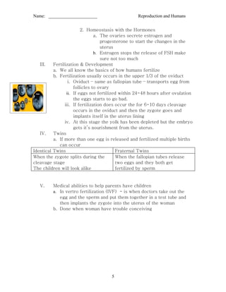 Name: ______________________                       Reproduction and Humans


                         2. Homeostasis with the Hormones
                                 a. The ovaries secrete estrogen and
                                    progesterone to start the changes in the
                                    uterus
                                 b. Estrogen stops the release of FSH make
                                    sure not too much
   III.   Fertilization & Development
          a. We all know the basics of how humans fertilize
          b. Fertilization usually occurs in the upper 1/3 of the oviduct
                  i. Oviduct – same as fallopian tube – transports egg from
                     follicles to ovary
                 ii. If eggs not fertilized within 24-48 hours after ovulation
                     the eggs starts to go bad.
                iii. If fertilization does occur the for 6-10 days cleavage
                     occurs in the oviduct and then the zygote goes and
                     implants itself in the uterus lining
                iv. At this stage the yolk has been depleted but the embryo
                     gets it’s nourishment from the uterus.
   IV.    Twins
          a. If more than one egg is released and fertilized multiple births
             can occur
Identical Twins                            Fraternal Twins
When the zygote splits during the          When the fallopian tubes release
cleavage stage                             two eggs and they both get
The children will look alike               fertilized by sperm


   V.    Medical abilities to help parents have children
         a. In vertro fertilization (IVF) - is when doctors take out the
            egg and the sperm and put them together in a test tube and
            then implants the zygote into the uterus of the woman
         b. Done when woman have trouble conceiving




                                      5
 