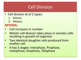 Cell Division
• Cell division id of 2 types:
1. Mitosis
2. Meiosis
MITOSIS:
• Cell increases in number
• Mitotic cell division takes place in somatic cells
resulting in growth of organism
• Two identical daughter cells produced from
mother cell.
• It has 5 stages: Interphase, Prophase,
metaphase, Anaphase, Telophase
 