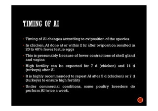 TIMING OF AI
 Timing of Al changes according to oviposition of the species
 In chicken, AI done at or within 2 hr after oviposition resulted in
20 to 40% fewer fertile eggs
 This is presumably because of fewer contractions of shell gland
and vagina
 High fertility can be expected for 7 d (chicken) and 14 d
(turkeys) after Al
 It is highly recommended to repeat AI after 5 d (chicken) or 7 d
(turkeys) to ensure high fertility
 Under commercial conditions, some poultry breeders do
perform AI twice a week.
 