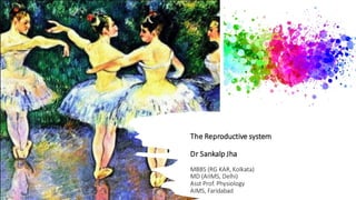 The Reproductive system
Dr Sankalp Jha
MBBS (RG KAR, Kolkata)
MD (AIIMS, Delhi)
Asst Prof. Physiology
AIMS, Faridabad
 