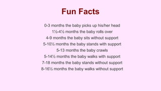 Fun Facts
0-3 months the baby picks up his/her head
1½-4½ months the baby rolls over
4-9 months the baby sits without support
5-10½ months the baby stands with support
5-13 months the baby crawls
5-14½ months the baby walks with support
7-18 months the baby stands without support
8-16½ months the baby walks without support

 