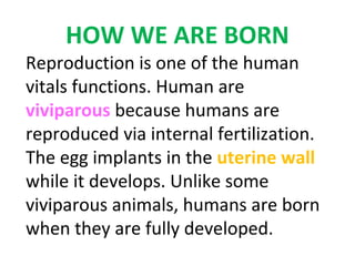 HOW WE ARE BORN
Reproduction is one of the human
vitals functions. Human are
viviparous because humans are
reproduced via internal fertilization.
The egg implants in the uterine wall
while it develops. Unlike some
viviparous animals, humans are born
when they are fully developed.
 