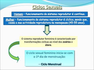 Ciclos SexuaisCiclos Sexuais
O sistema reprodutor feminino é caracterizado porO sistema reprodutor feminino é caracterizado por
transformações cíclicas ao nível dostransformações cíclicas ao nível dos ováriosovários ee
úteroútero..
O ciclo sexual feminino inicia-se com
o 1º dia de menstruação:
– Ciclo MenstrualCiclo Menstrual
O ciclo sexual feminino inicia-se com
o 1º dia de menstruação:
– Ciclo MenstrualCiclo Menstrual
 