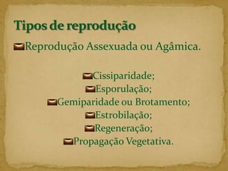Reprodução Assexuada ou Agâmica.Cissiparidade;Esporulação;Gemiparidade ou Brotamento;Estrobilação;Regeneração;Propagação Vegetativa.Tipos de reprodução