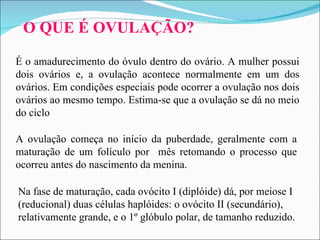 O QUE É OVULAÇÃO? Na fase de maturação, cada ovócito I (diplóide) dá, por meiose I (reducional) duas células haplóides: o ovócito II (secundário), relativamente grande, e o 1º glóbulo polar, de tamanho reduzido. A ovulação começa no início da puberdade, geralmente com a maturação de um folículo por  mês  retomando o processo que ocorreu antes do nascimento da menina .  É o amadurecimento do óvulo dentro do ovário. A mulher possui dois ovários e, a ovulação acontece normalmente em um dos ovários. Em condições especiais pode ocorrer a ovulação nos dois ovários ao mesmo tempo. Estima-se que a ovulação se dá no meio do ciclo 