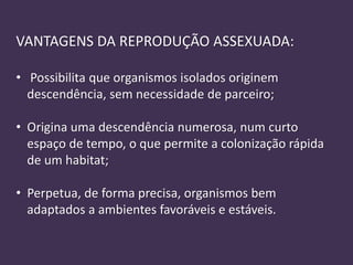 VANTAGENS DA REPRODUÇÃO ASSEXUADA:
• Possibilita que organismos isolados originem
descendência, sem necessidade de parceiro;
• Origina uma descendência numerosa, num curto
espaço de tempo, o que permite a colonização rápida
de um habitat;
• Perpetua, de forma precisa, organismos bem
adaptados a ambientes favoráveis e estáveis.
 