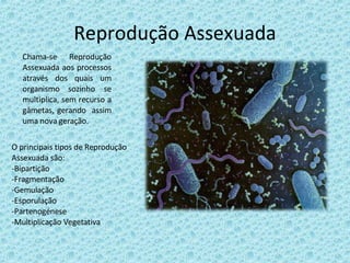 Reprodução Assexuada Chama-se Reprodução Assexuada aos processos através dos quais um organismo sozinho se multiplica, sem recurso a gâmetas, gerando  assim uma nova geração. O principais tipos de Reprodução Assexuada são: Bipartição Fragmentação Gemulação Esporulação Partenogénese Multiplicação Vegetativa 
