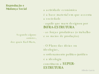 Reprodução e  Mudança Social a actividade económica é a base material em que assenta a sociedade - aquilo que marx designou por  INFRA-ESTRUTURA   - as forças produtivas (o trabalho e os meios de produção) - O Plano das ideias ou ideologias, o ordenamento político-jurídico  e a ideologia  constituem a  SUPER-ESTRUTURA Segundo alguns autores, dos quais Karl Marx,  Alfredo Garcia 