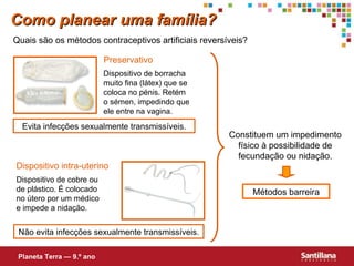 Quais são os métodos contraceptivos artificiais reversíveis?  Dispositivo de borracha muito fina (látex) que se coloca no pénis. Retém o sémen, impedindo que ele entre na vagina. Preservativo Evita infecções sexualmente transmissíveis. Dispositivo de cobre ou de plástico. É colocado no útero por um médico e impede a nidação. Dispositivo intra-uterino Não evita infecções sexualmente transmissíveis. Métodos barreira Constituem um impedimento físico à possibilidade de fecundação ou nidação. Como planear uma família? Planeta Terra — 9.º ano 