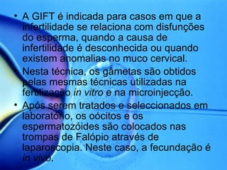 A GIFT é indicada para casos em que a infertilidade se relaciona com disfunções do esperma, quando a causa de infertilidade é desconhecida ou quando existem anomalias no muco cervical. Nesta técnica, os gâmetas são obtidos pelas mesmas técnicas utilizadas na fertilização  in vitro  e na microinjecção. Após serem tratados e seleccionados em laboratório, os oócitos e os espermatozóides são colocados nas trompas de Falópio através de laparoscopia. Neste caso, a fecundação é  in vivo . 