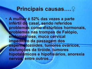 Principais causas…. ♀ A mulher é 52% das vezes a parte infértil do casal, sendo referidos problemas como distúrbios hormonais, problemas nas trompas de Falópio, endometriose, muco cervical impeditivo da passagem dos espermatozóides, tumores ováricos, disfunções da tiróide, tumores hipotalâmicos e hipofisiários, anorexia nervos, entre outros… 