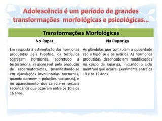 Adolescência é um período de grandes transformações  morfológicas e psicológicas…