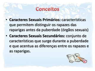 ConceitosCaracteres Sexuais Primários: características que permitem distinguir os rapazes das raparigas antes da puberdade (órgãos sexuais)Caracteres Sexuais Secundários: conjunto de características que surge durante a puberdade e que acentua as diferenças entre os rapazes e as raparigas.