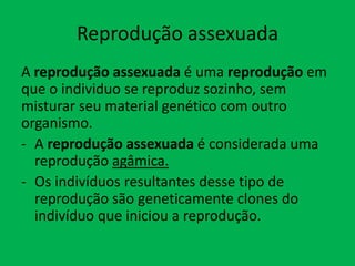 Reprodução assexuada
A reprodução assexuada é uma reprodução em
que o individuo se reproduz sozinho, sem
misturar seu material genético com outro
organismo.
- A reprodução assexuada é considerada uma
reprodução agâmica.
- Os indivíduos resultantes desse tipo de
reprodução são geneticamente clones do
indivíduo que iniciou a reprodução.

 