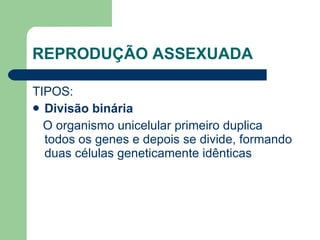 REPRODUÇÃO ASSEXUADA
TIPOS:
 Divisão binária
O organismo unicelular primeiro duplica
todos os genes e depois se divide, formando
duas células geneticamente idênticas
 