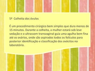 5º Colheita dos óvulos

É um procedimento cirúrgico bem simples que dura menos de
15 minutos. Durante a colheita, a mulher estará sob leve
sedação e o ultrassom transvaginal guia uma agulha bem fina
até os ovários, onde são aspirados todos os folículos para
posterior identificação e classificação dos ovócitos no
laboratório.
 
